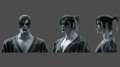 Detailný model sheet zobrazujúci tvár a hornú časť tela hernej postavy, zameraný na výrazové a anatomické štúdie.