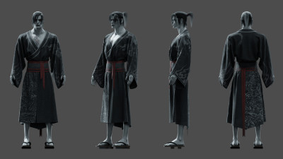 Model sheet s viacerými pohľadmi na celú postavu herného charakteru, vrátane predného, bočného a zadného pohľadu